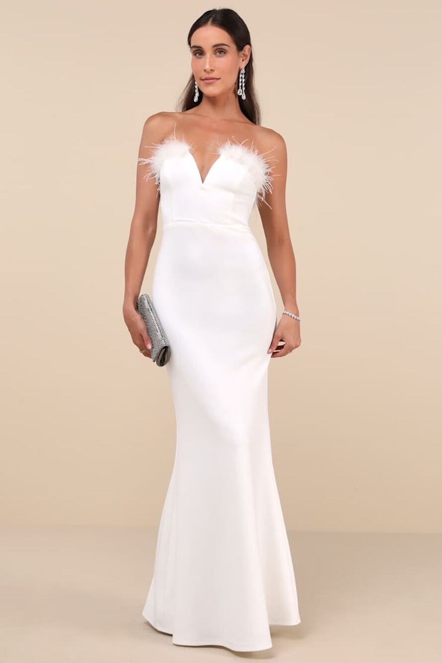 Lulus Extraordinary Glam White Feather Strapless Mermaid Maxi Dress Medium NWT